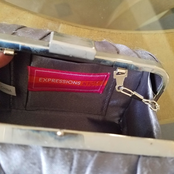 Expressions NYC Gray Satin Pleated Silver Clutch purse - Picture 5 of 5